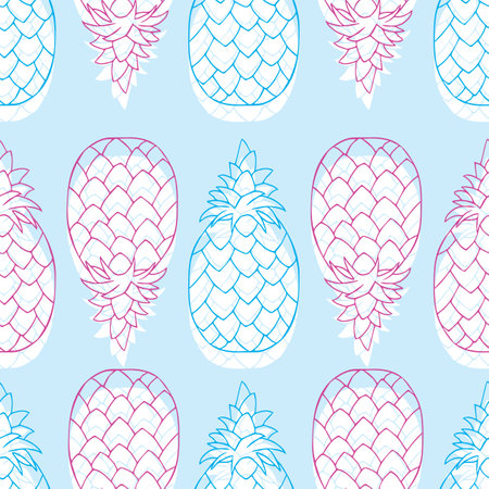 Seamless pattern pineapple fruit colorful outline on white silhouette illustrationのイラスト素材