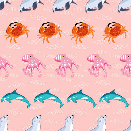 Sea creatures vector repeat pattern on pink backgroundのイラスト素材