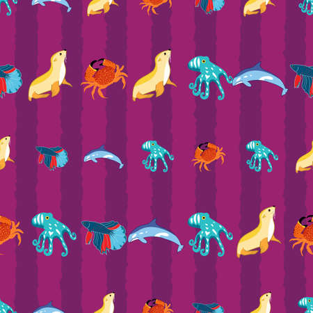 Sea creatures vector repeat pattern on purpleのイラスト素材