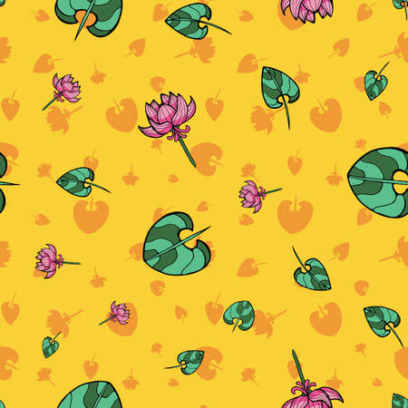 Water lily vector seamless pattern on yellow background designのイラスト素材