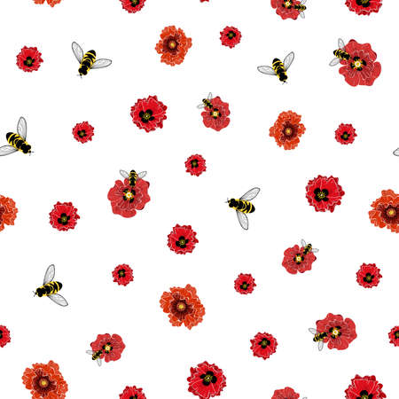 Seamless vector pattern poppies and beesのイラスト素材