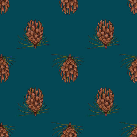 Autumn Pinecone vector repeat pattern design on dark green background designのイラスト素材