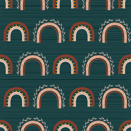Boho rainbows vector repeat pattern on dark greenのイラスト素材