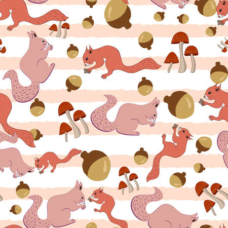 Autumn squirrels vector repeating pattern design on stripes backgroundのイラスト素材