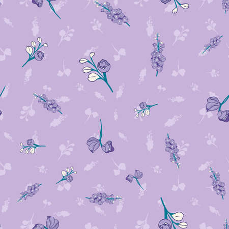 Delphinium flowers seamless vector pattern on pastel purple backgroundのイラスト素材