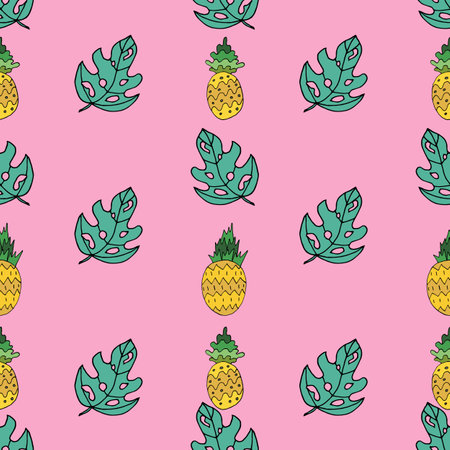 Tropical pineapples and leaves on pink background, seamless pattern designのイラスト素材