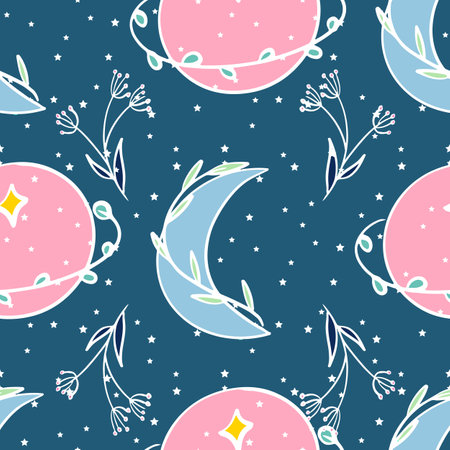 Celestial florals vector repeat pattern design on blue background artのイラスト素材