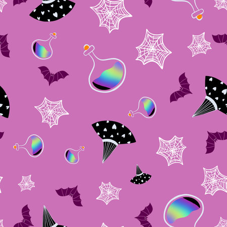Witchy Halloween repeat pattern design on purple backgroundのイラスト素材