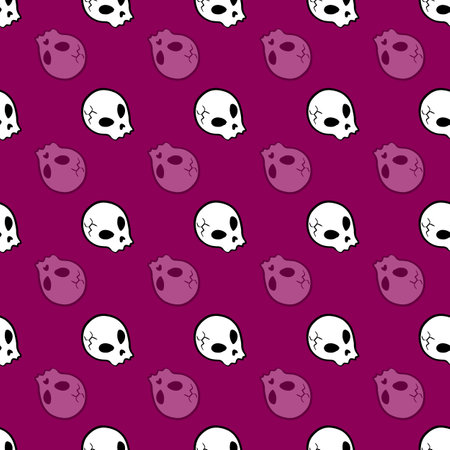 spooky skull halloween scary repeat vector pattern on purple backgroundのイラスト素材