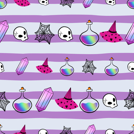 Cute Halloween seamless background on purple stripesのイラスト素材