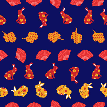 Chinese year of the rabbit 2023 repeat pattern design on dark blueのイラスト素材