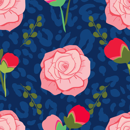 Vector flat frose flowers seamless pattern on blue animal print backgroundのイラスト素材
