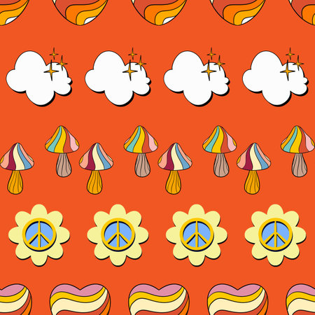 Trendy retro 70s seamless pattern vector illustration on orange backgroundのイラスト素材