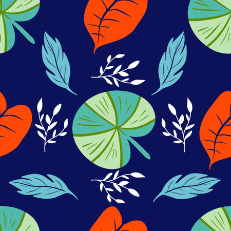 Tropical leaves seamless vector design on dark blue backgroundのイラスト素材