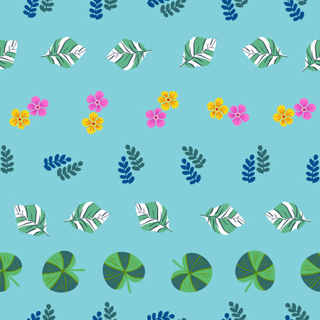 Tropic leaves and flowers repeat pattern on blue background