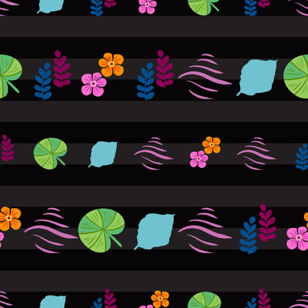 Abstract tropical motifs on black striped background designのイラスト素材