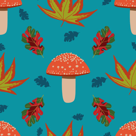 Autumn repeat vector pattern design on blue backgroundのイラスト素材