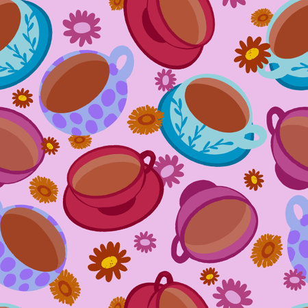 Hot cup of tea and flowers seamless pattern designのイラスト素材