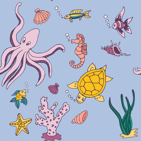 Seamless pattern with colorful sea creatures. Vector illustration.のイラスト素材