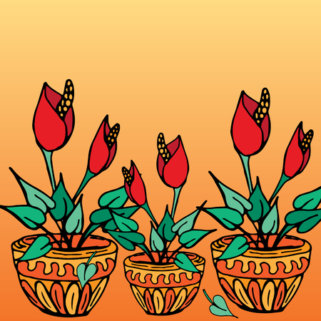 Pot plants with red flowers, hand-drawn  vector illustrationのイラスト素材