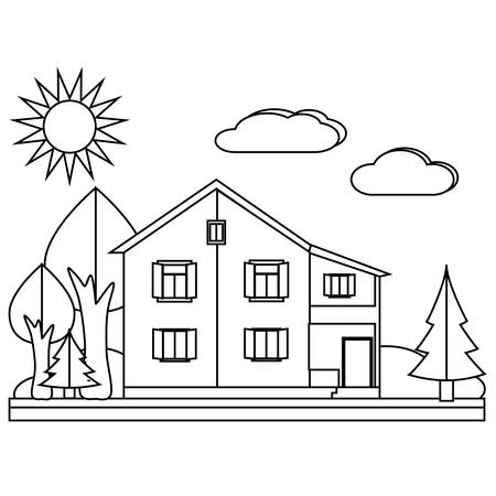 Village landscapes. House with trees illustration. Vector flat illustrationsのイラスト素材