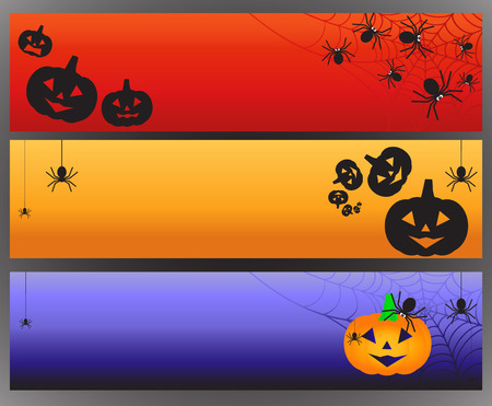 Three vector Halloween banners with spider and spiderweb. Vector illustrationのイラスト素材