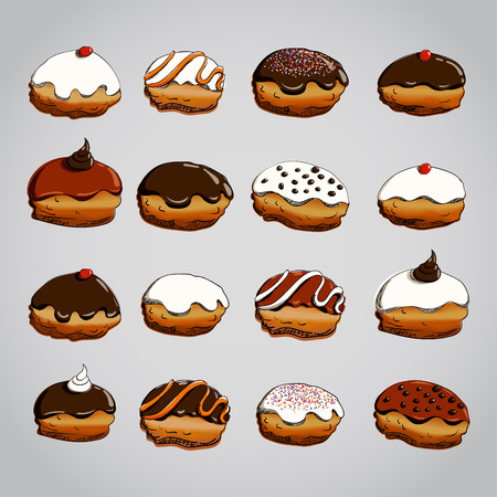 Hanukkah donuts set. Various donuts for Jewish holiday Hanukkah. Colorful elements for design. Vector illustrationのイラスト素材