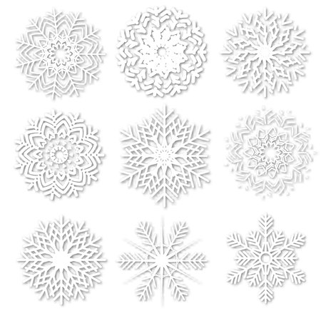 White paper snowflakes with shadow. Cut paper snowflakes set. template collection for design.のイラスト素材