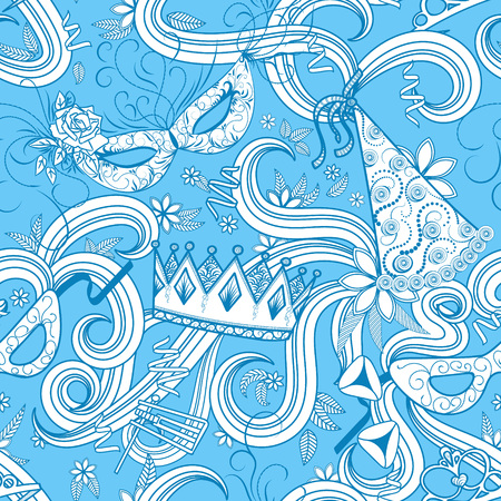 Purim Jewish holiday seamless pattern. Blue color background with carnival masks and hats, holiday gifts, candy and  traditional  cookies. Vector illustration.のイラスト素材