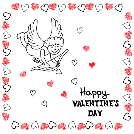 Happy Valentines Day card template. Hand drawn Cupid with bow on white background. Vector illustration.のイラスト素材
