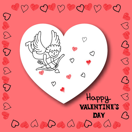 Happy Valentines Day card template. Hand drawn Cupid with bow and white paper cut heart.  Vector illustration.のイラスト素材
