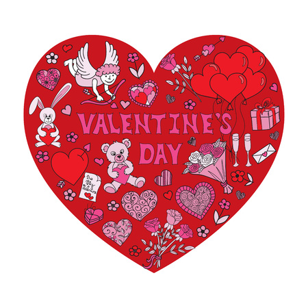 Hand drawn Valentines Day design elements. Doodles in heart shape. Vector illustrationのイラスト素材
