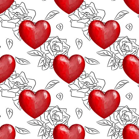Hearts seamless pattern. Low poly style red hearts on white background. Valentines day background. Vector illustrationのイラスト素材