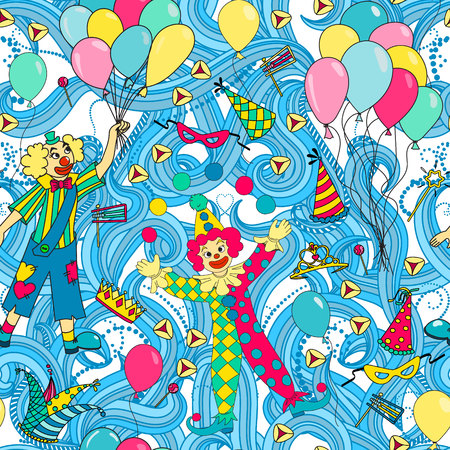 Purim Jewish holiday seamless pattern. Colorful background with clowns, balloons, carnival masks and hats,  candy and  traditional  cookies. Vector illustration.のイラスト素材