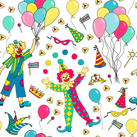 Purim Jewish holiday seamless pattern. Colorful background with clowns, balloons, carnival masks and hats,  candy and  traditional  cookies. Vector illustration.のイラスト素材