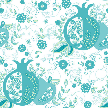 Rosh Hashanah (Jewish New Year) seamless pattern background. Hand drawn elements and hebrew text "Happy New Year" and " Happy holiday". Rosh Hashanah symbols. Vector illustrationのイラスト素材