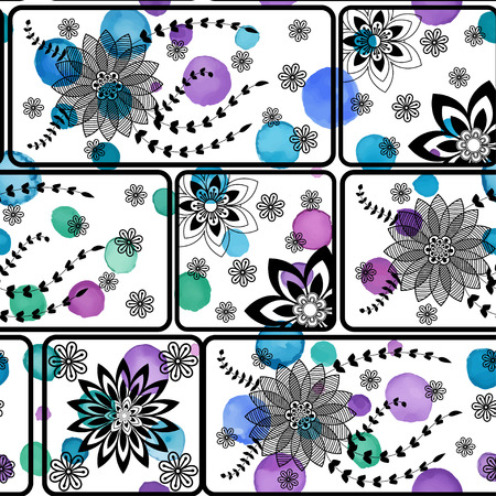 Floral seamless pattern. Hand drawn flowers and blots. Floral mandala ornament. Vector illustration.のイラスト素材
