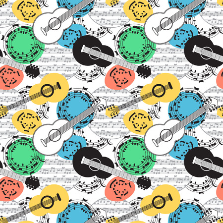 Classical acoustic guitar seamless pattern. Musical string instruments on white background. Vector Illustration.のイラスト素材