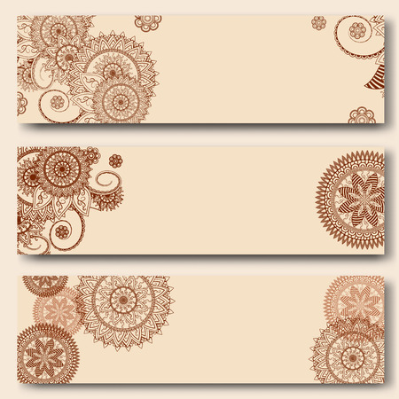 Set of banners templates in indian ornamental style. Ornamental mandala. Indian, arabic ornaments. Mehndi henna tattoo design. Banner, business card, invitation, greeting card, with place for textのイラスト素材