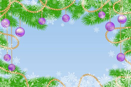 Fir tree branches with decorations, garland, balls and snowflakes. Winter holidays snowy background. Vector realistic illustration.のイラスト素材