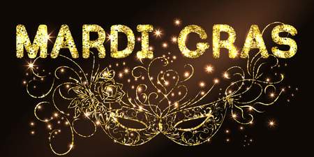 Mardi Gras or Shrove Tuesday background with ornate golden carnival mask. Black Background. Vector Illustration.のイラスト素材