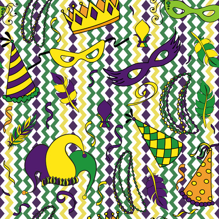 Mardi Gras seamless pattern. Colorful background with carnival mask and hats, jester's hat, crowns, fleur de lis, feathers and ribbons. Vector illustrationのイラスト素材