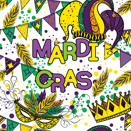 Mardi Gras seamless pattern. Colorful background with carnival mask and jester's hat, crowns , feathers, ribbons and flags. Vector illustrationのイラスト素材