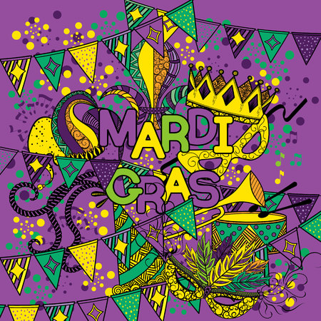 Mardi Gras or Shrove Tuesday. Colorful background with carnival mask and hats, jester s hat, crowns, fleur de lis, feathers and ribbons. Vector illustrationのイラスト素材