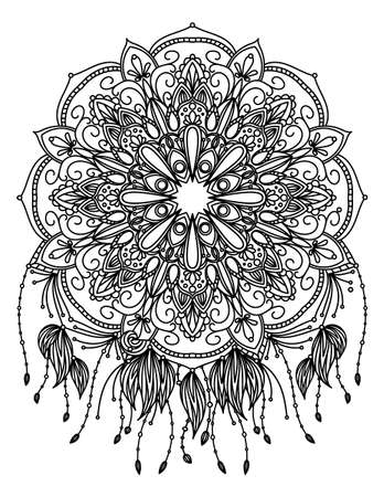 Mandala vector illustration. Round ornament. Adult coloring page. Decorative elements. White background, black outline.のイラスト素材
