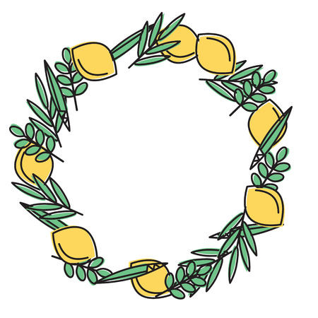 Sukkot (Jewish Holiday) frame with holiday symbols Etrog, lulav hadas and arava. Vector illustration. Isolated on white background.のイラスト素材