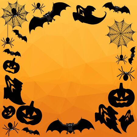Halloween Background. Vector Halloween orange polygonal mosaic background with bats, ghosts, spiderweb, spiders and pumpkins.のイラスト素材