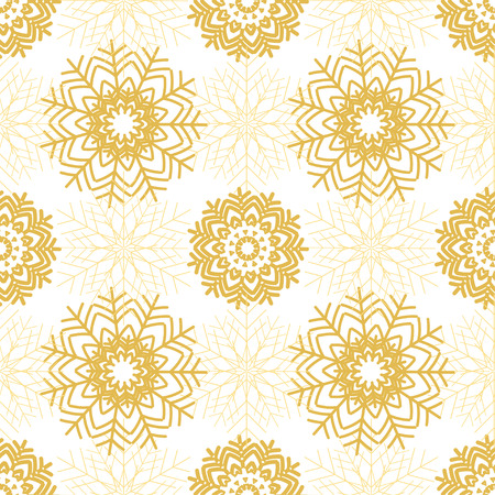 Golden snowflakes on white background. Christmas snowy seamless pattern. Winter holiday vector illustration.のイラスト素材