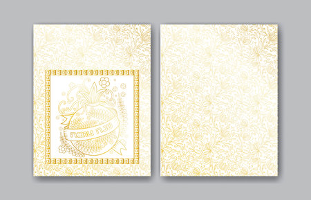 Rosh hashanah - Jewish New Year greeting card design with golden pomegranate. Greeting text in Hebrew have a good year. Hand drawn vector illustration.のイラスト素材