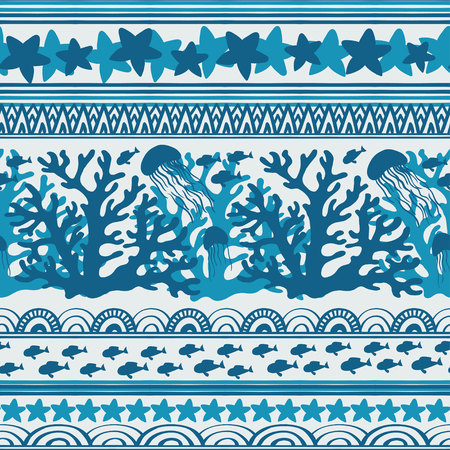 Stripe seamless pattern with sea underwater animals. Cute cartoon jellyfish, coral, starfish and tropical fishs. Marine background for kids. Perfect for textile print, cloth design and fabricのイラスト素材